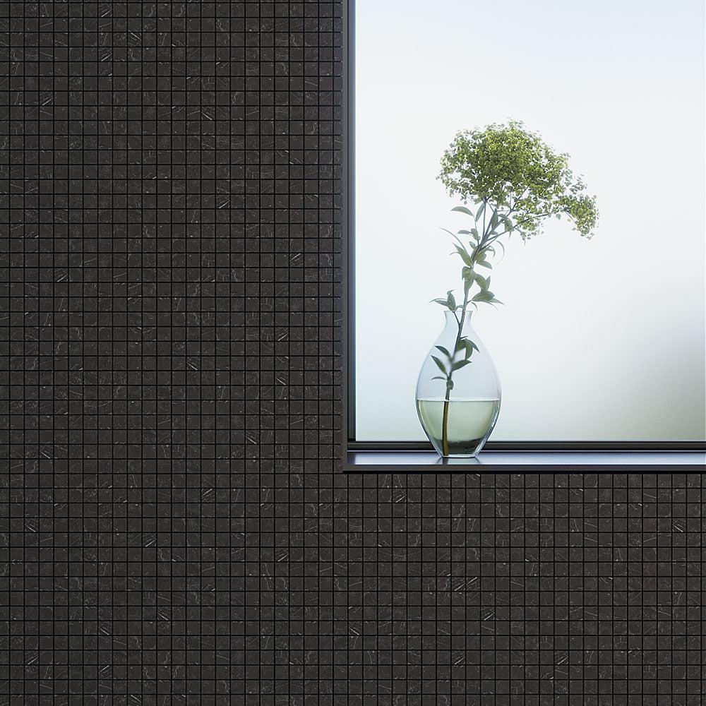 Shower Room Window Sill with Flower Vase on Nero Marquina 1X1 Honed Marble Mosaic Backsplash