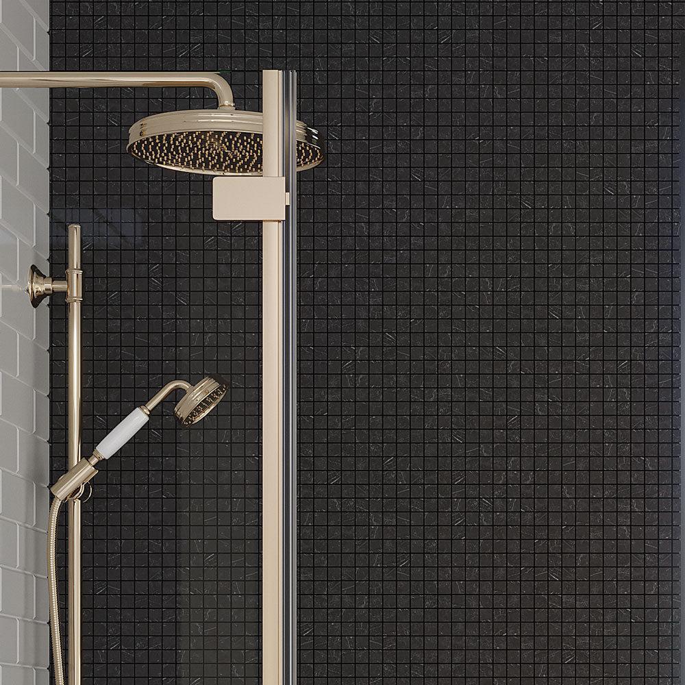 Brass Shower Heads on Nero Marquina Honed Marble Mosaic Wall Background
