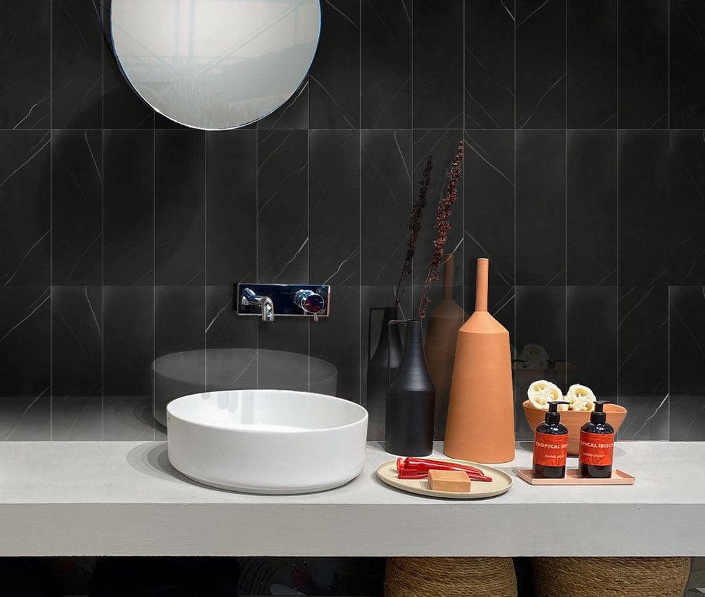 Modern Minimalist Bathroom with Black Marble Subway TIles