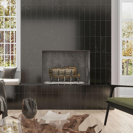 Black marble tile fireplace surround