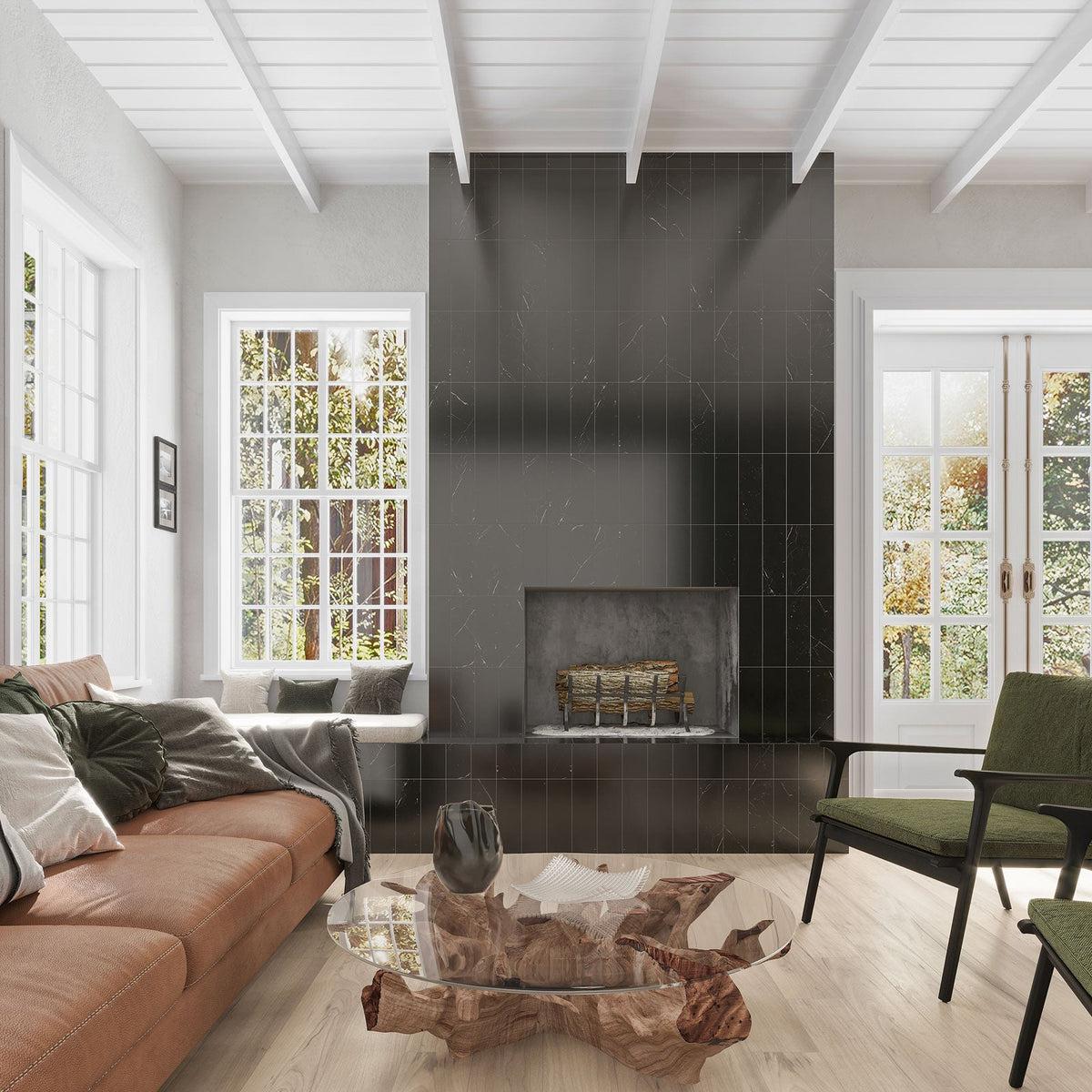 Modern fireplace with black marble tile surround
