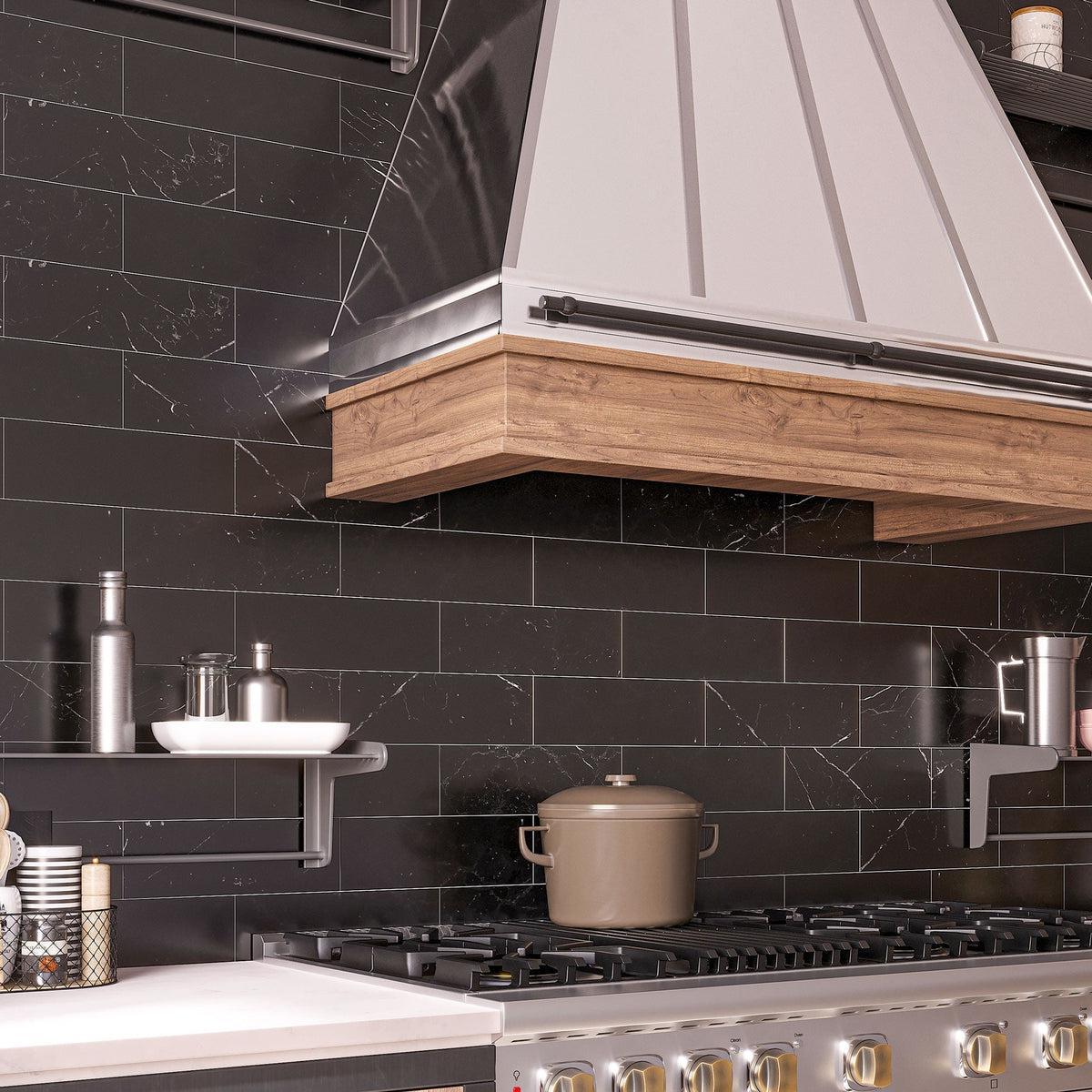 Black marble subway tile kitchen backsplash