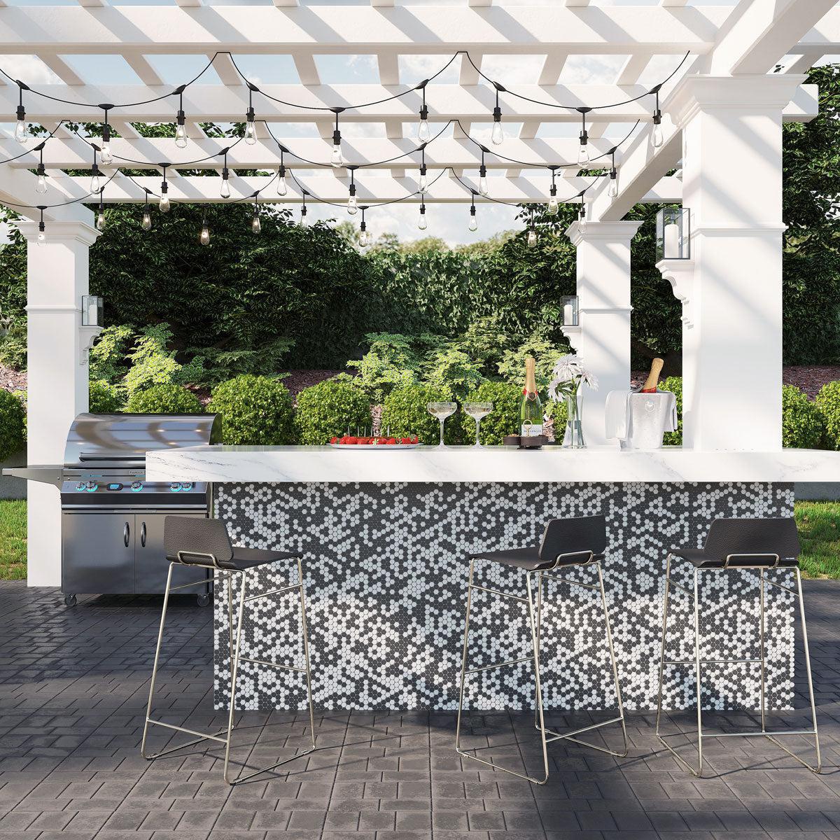 Black and White Mix Penny Round Tile for an Outdoor Kitchen Bar and BBQ