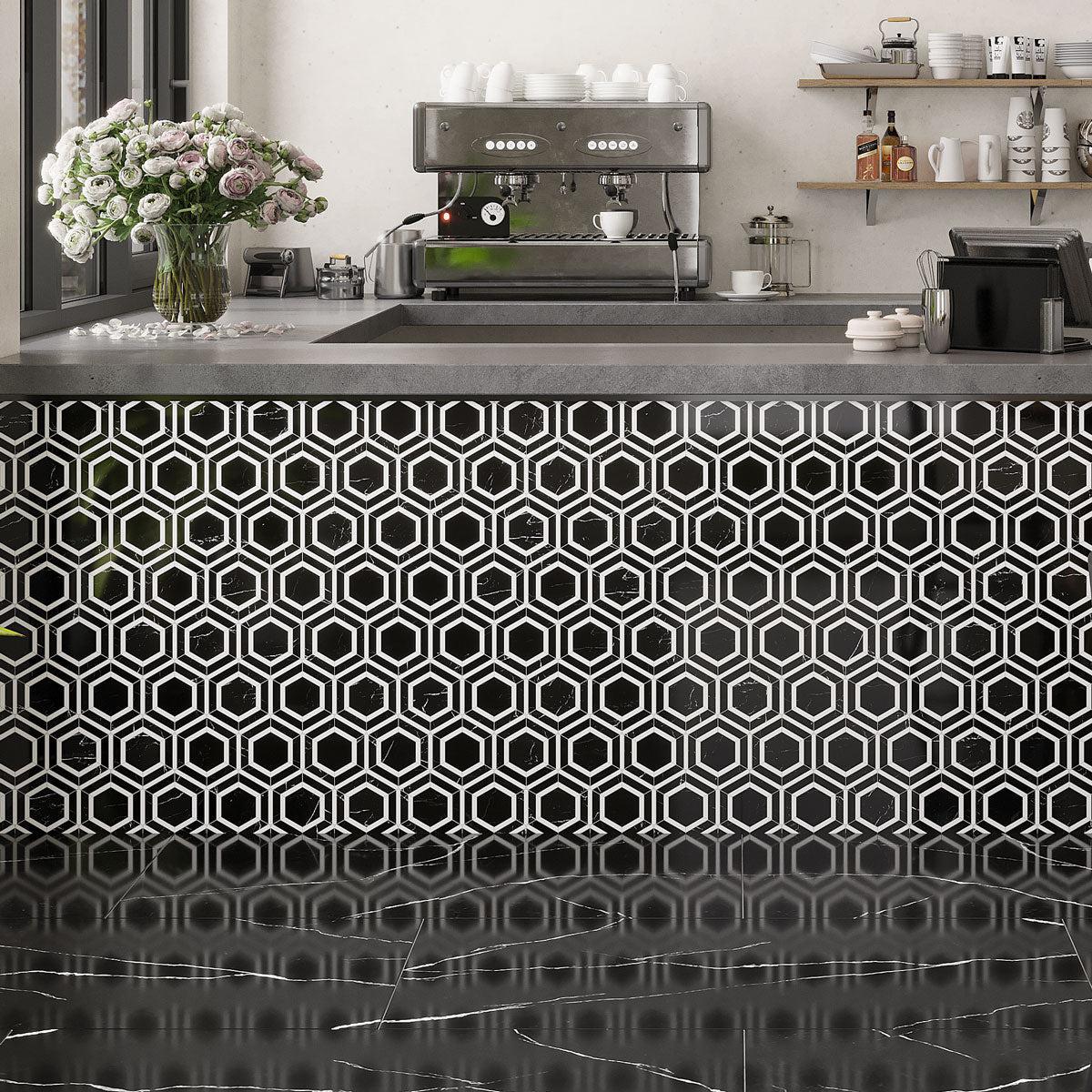 Nero Marquina And Thassos White 6 Inch Hexagon Marble Mosaic Tile | Tile Club