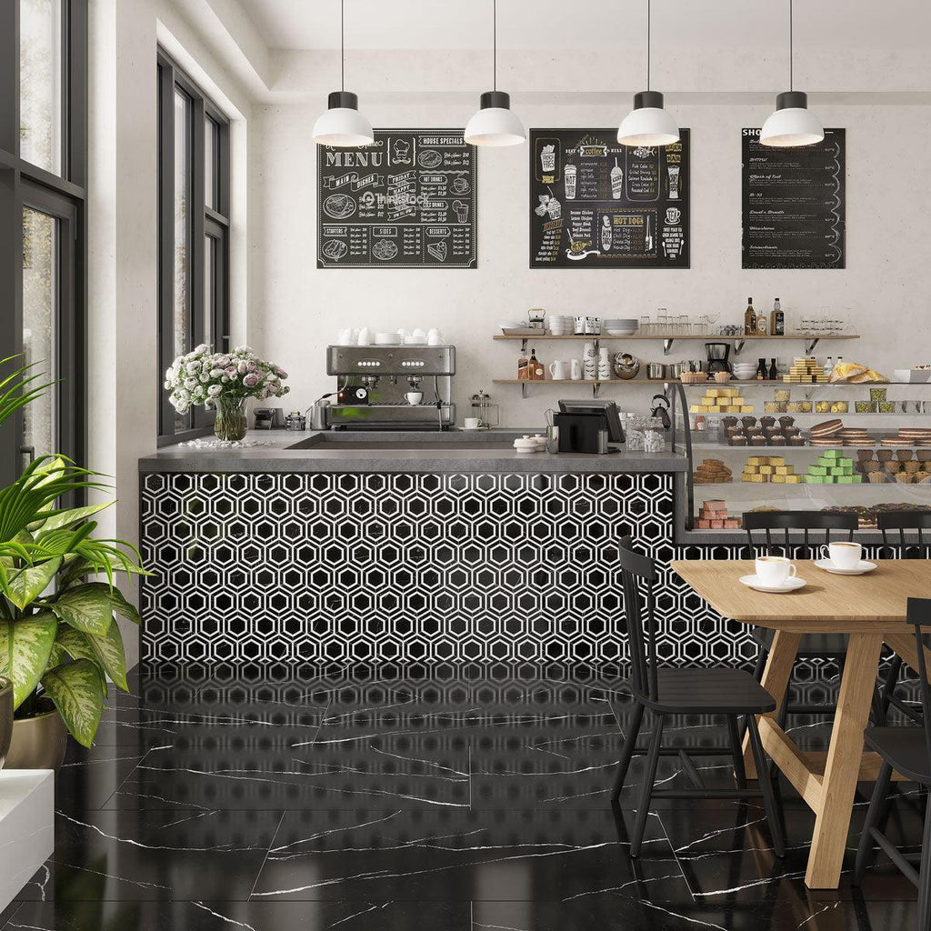 Nero Marquina And Thassos White 6 Inch Hexagon Marble Mosaic Tile | Tile Club