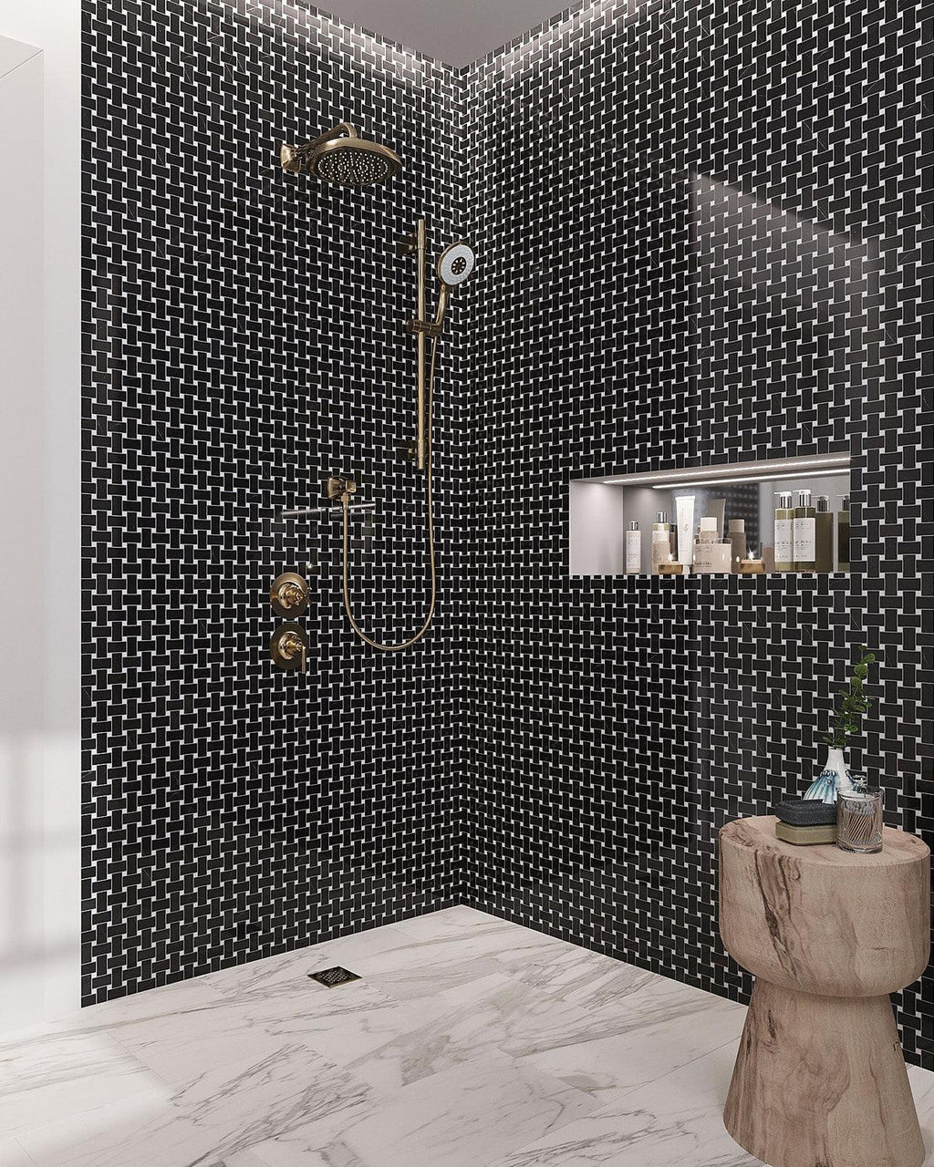 Nero Marquina Basket Weave With White Dot Marble Mosaic Tile | Tile Club