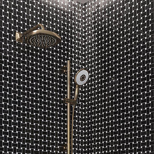 Black and white marble basket weave tile shower walls