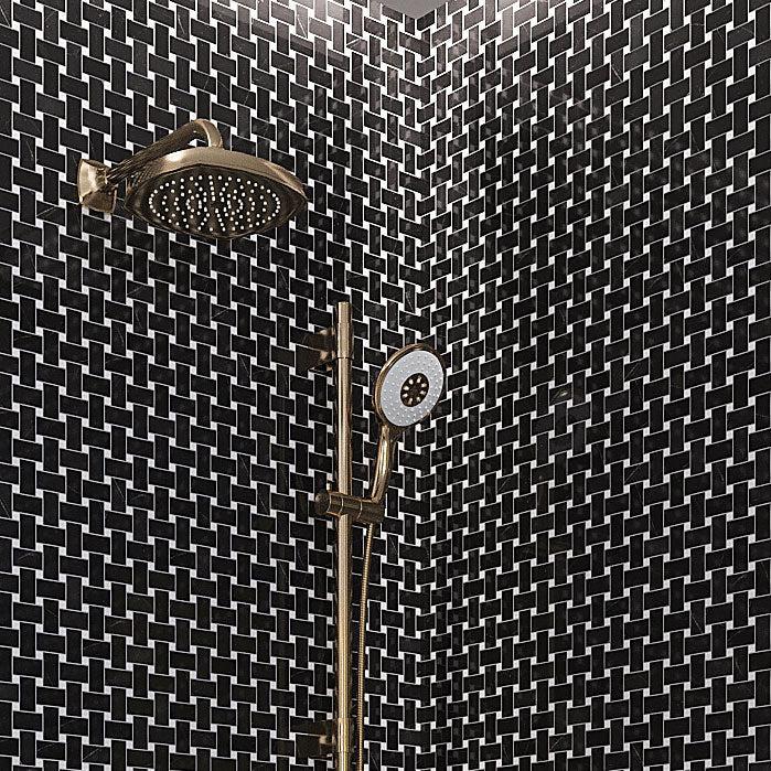 Black and white marble basket weave tile shower walls