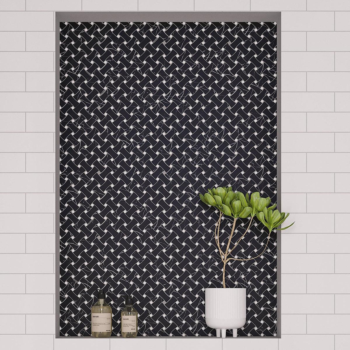 Black marble basketweave shower niche tile