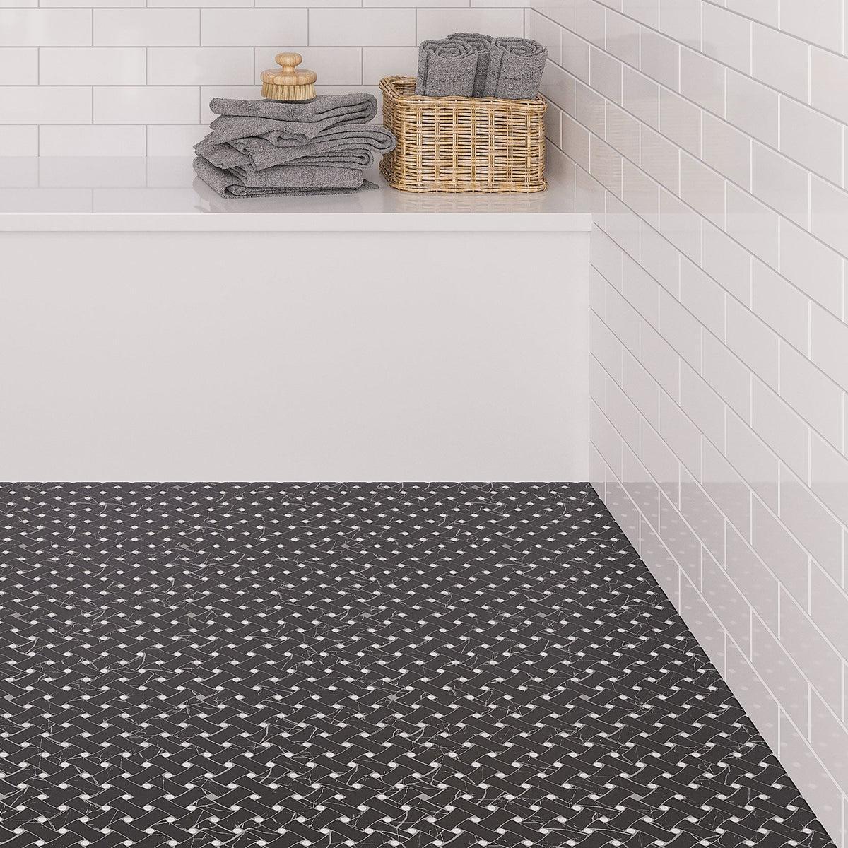 Nero Marquina Curved Basket Weave With White Dots Marble Mosaic Tile