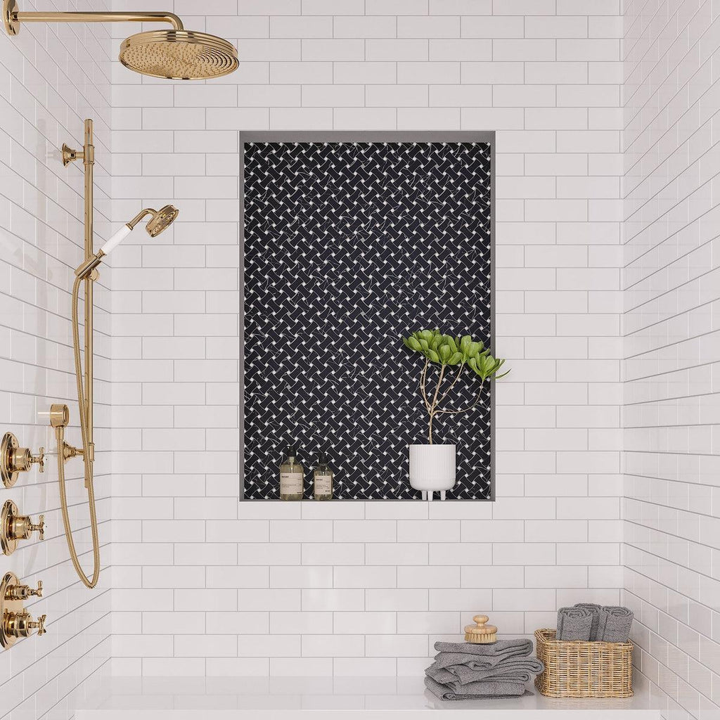Nero Marquina black marble basketweave shower tile