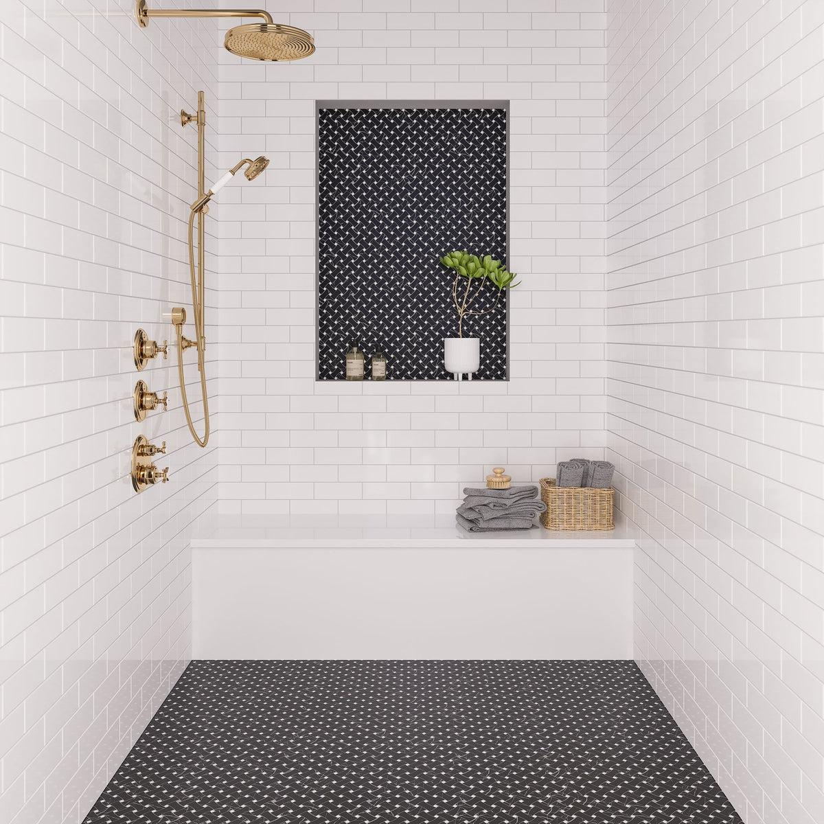 Modern standing shower with black marble basketweave shower flooring tile