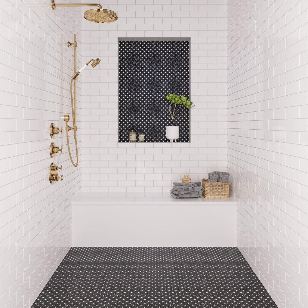 Modern standing shower with black marble basketweave shower flooring tile