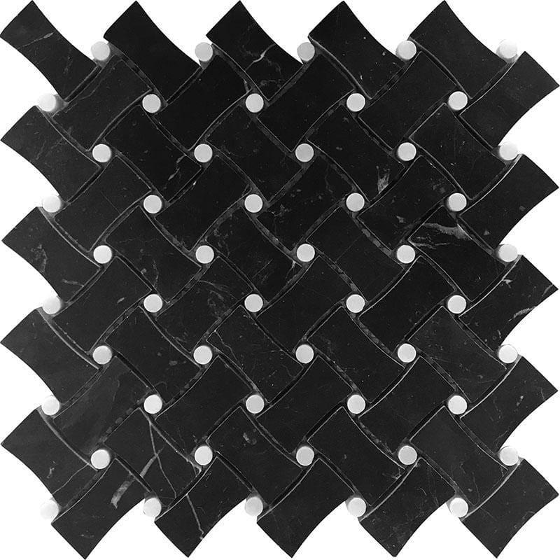 Nero Marquina Curved Basket Weave White Dots Marble Mosaic Tile position: 1