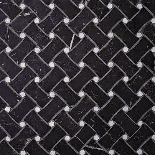 Nero Marquina Curved Basket Weave With White Dots Marble Mosaic Tile