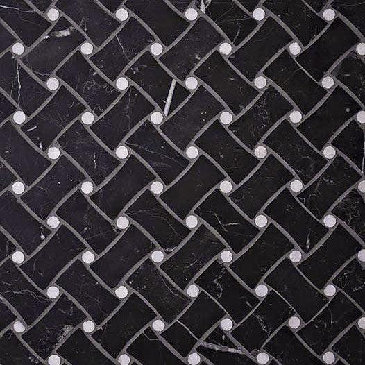 Nero Marquina Curved Basket Weave With White Dots Marble Mosaic Tile