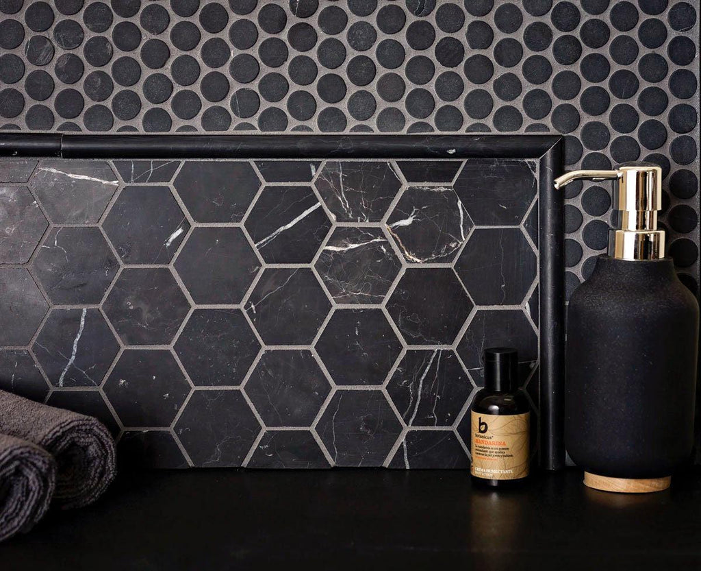 Nero Marquina 2 Inch Hexagon Honed Marble Mosaic Tile | Tile Club