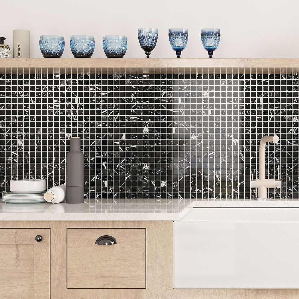 Black marble tile kitchen backsplash