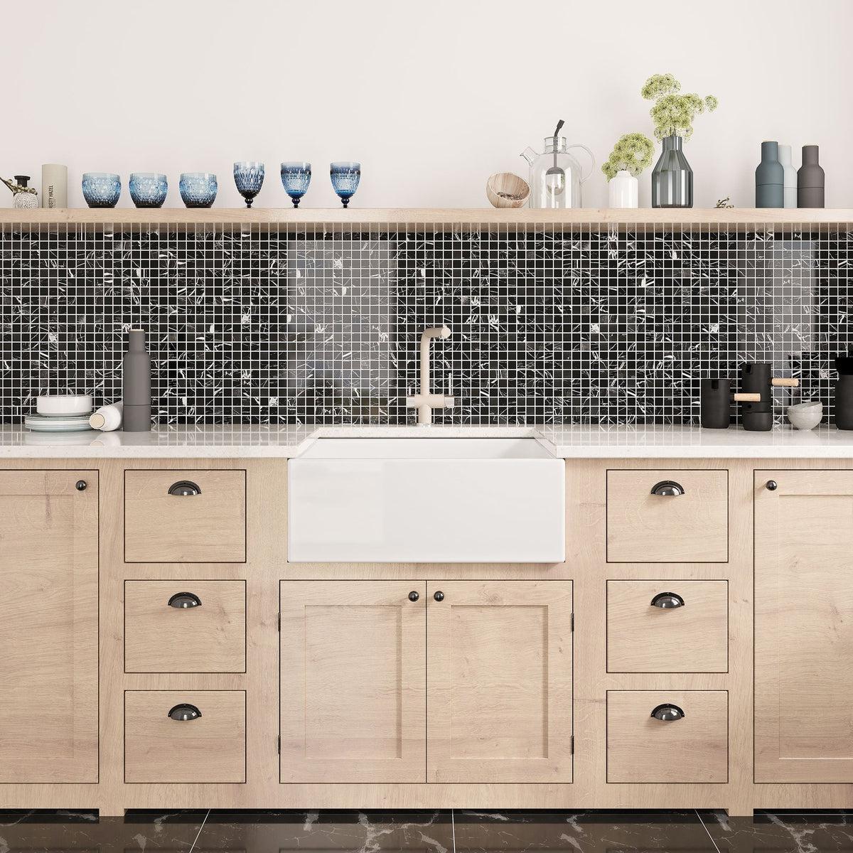 Rustic kitchen with black marble tile backsplash