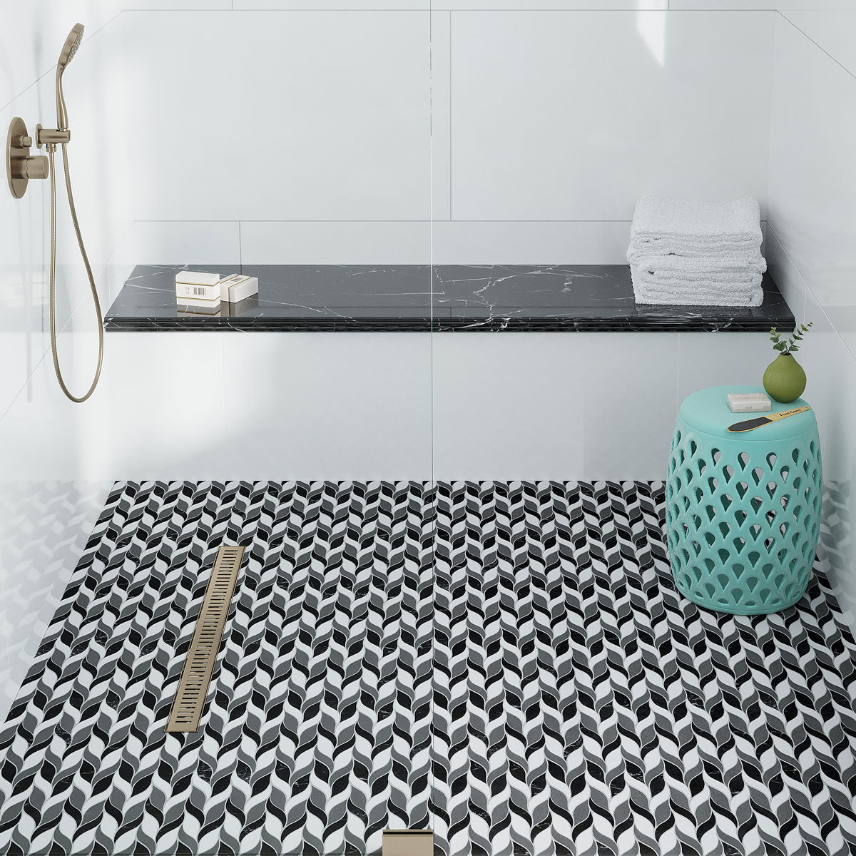 Nero Marquina & White Leaf Marble Mosaic Tile | Tile Club