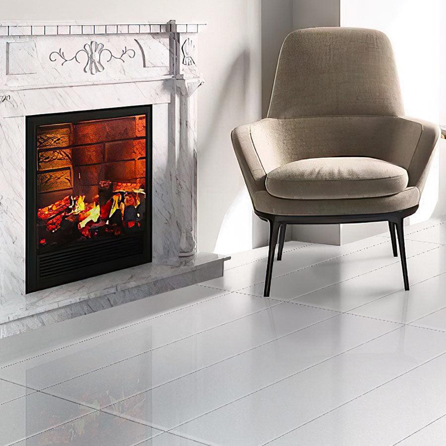 Decorative Fireplace and Armchair on a Neutral White Floor