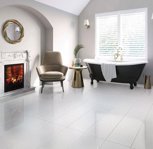 Bathroom in Black and Gold with Neutral Blanco Tiles on the Floor