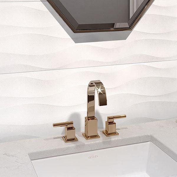 Bronze Faucet in a White Bathroom with Neutral Blanco Five Backsplash