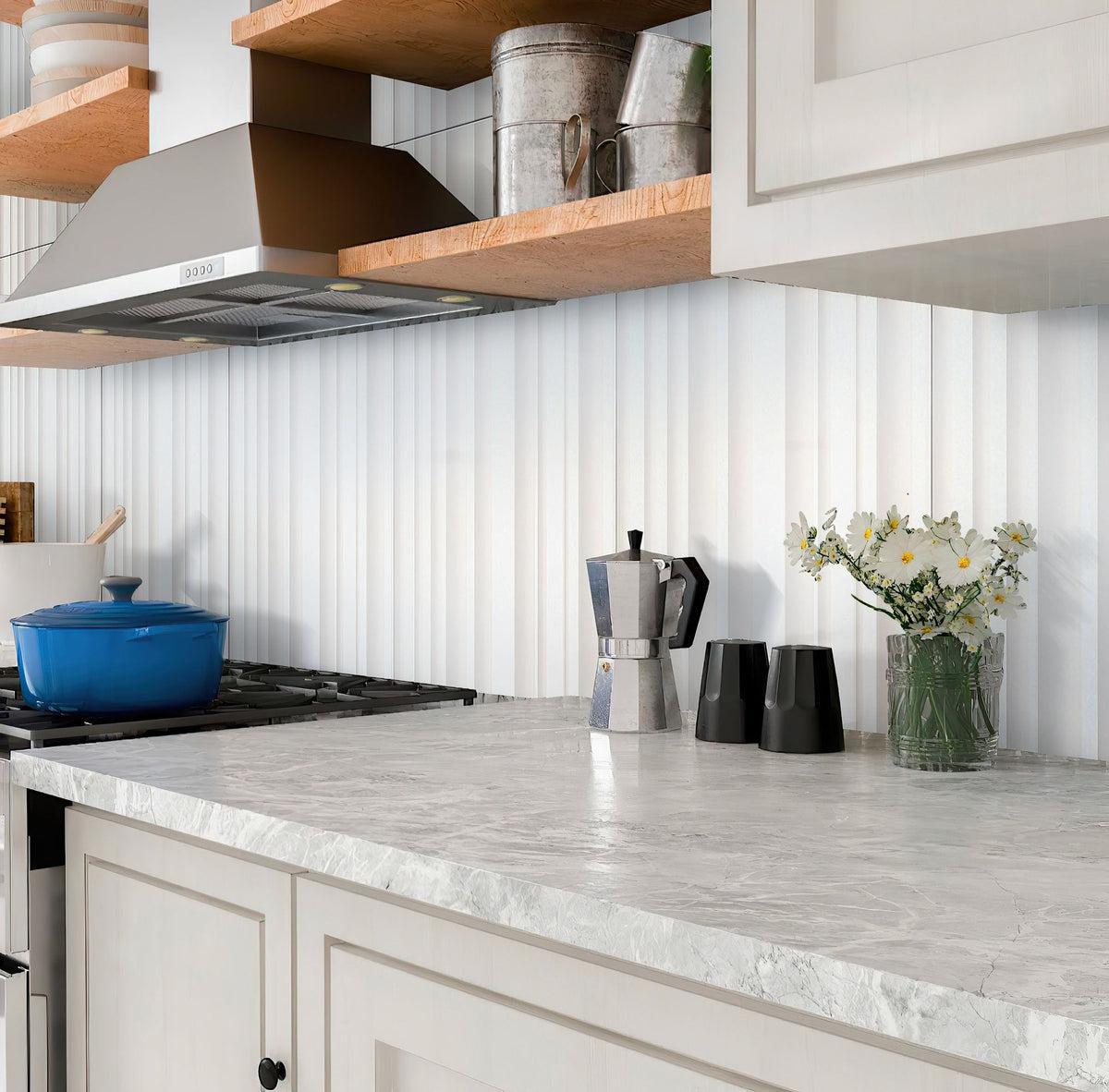 Kitchen of White & Wood with Neutral Blanco Trace Backsplash