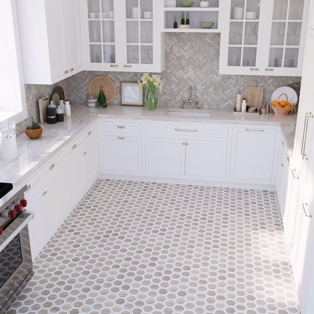 Neutral Kitchen with 1X3 Herringbone Wooden Beige Polished Marble Mosaic Tile Backsplash