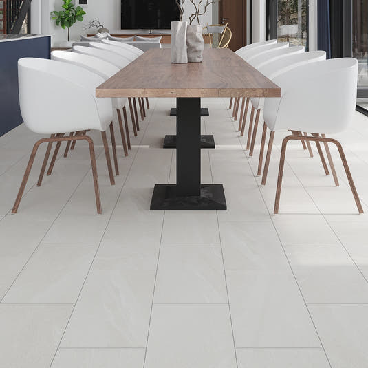 Newport White Concrete Look Porcelain Tile 12x24 Dining Room Flooring