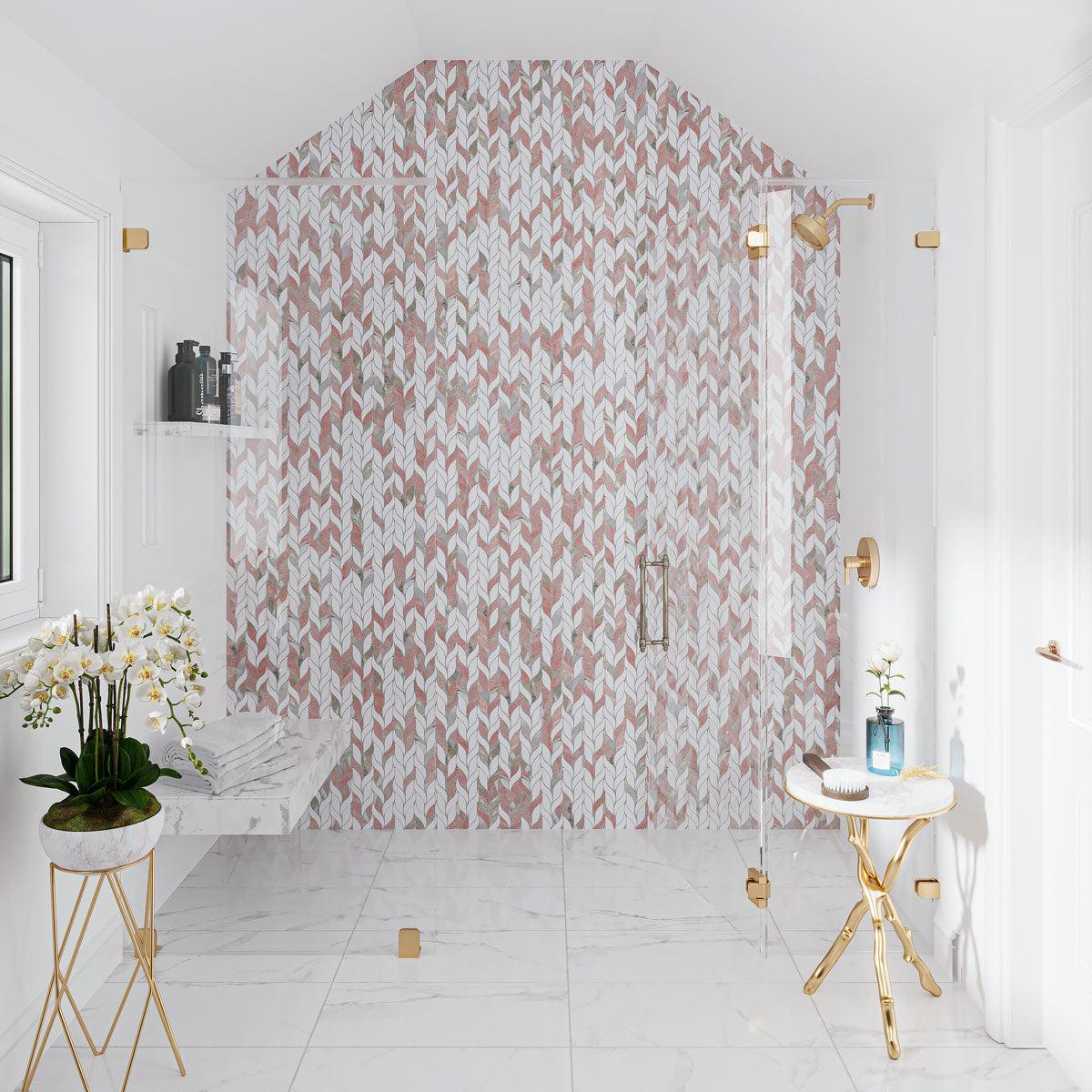 Norwegian Rose Pink and White Leaf Marble Mosaic Tile