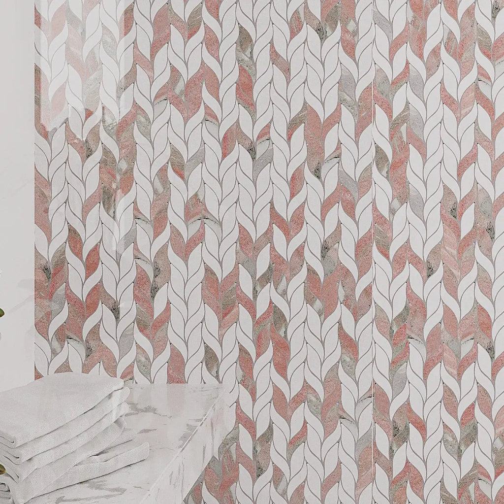 Norwegian Rose Pink and White Leaf Marble Mosaic Tile Shower Wall