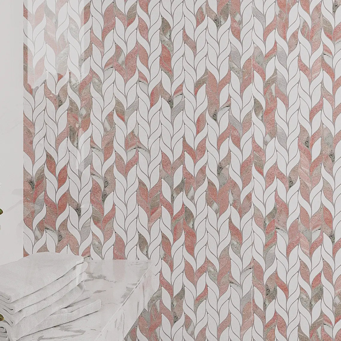 Norwegian Rose Pink and White Leaf Marble Mosaic Tile Shower Wall