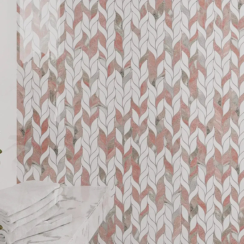 Norwegian Rose Pink and White Leaf Marble Mosaic Tile Shower Wall