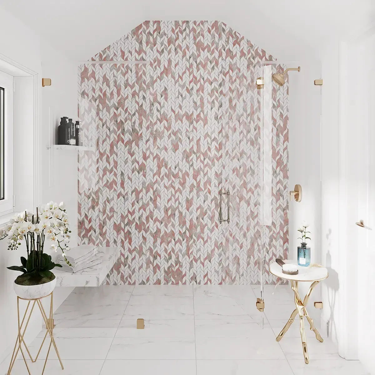 Norwegian Rose Pink and White Leaf Marble Mosaic Tile | Tile Club