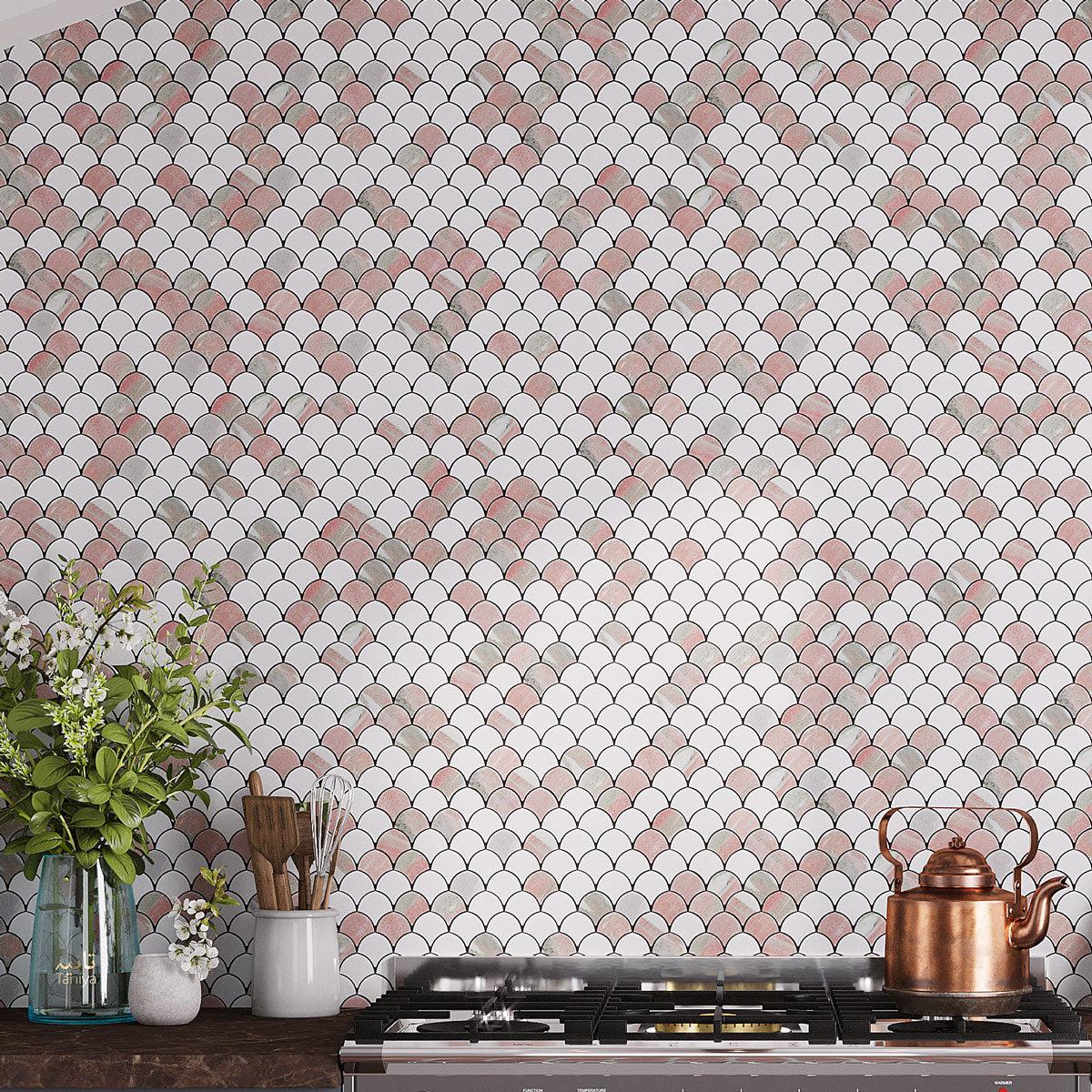 Norwegian Rose and Thassos Mini Scale Marble Mosaic Tile | Tile Club