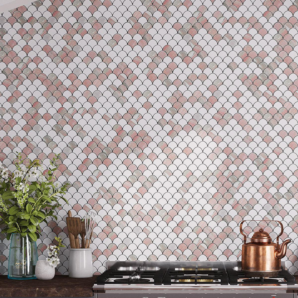 Norwegian Rose and Thassos Mini Scale Marble Mosaic Tile | Tile Club