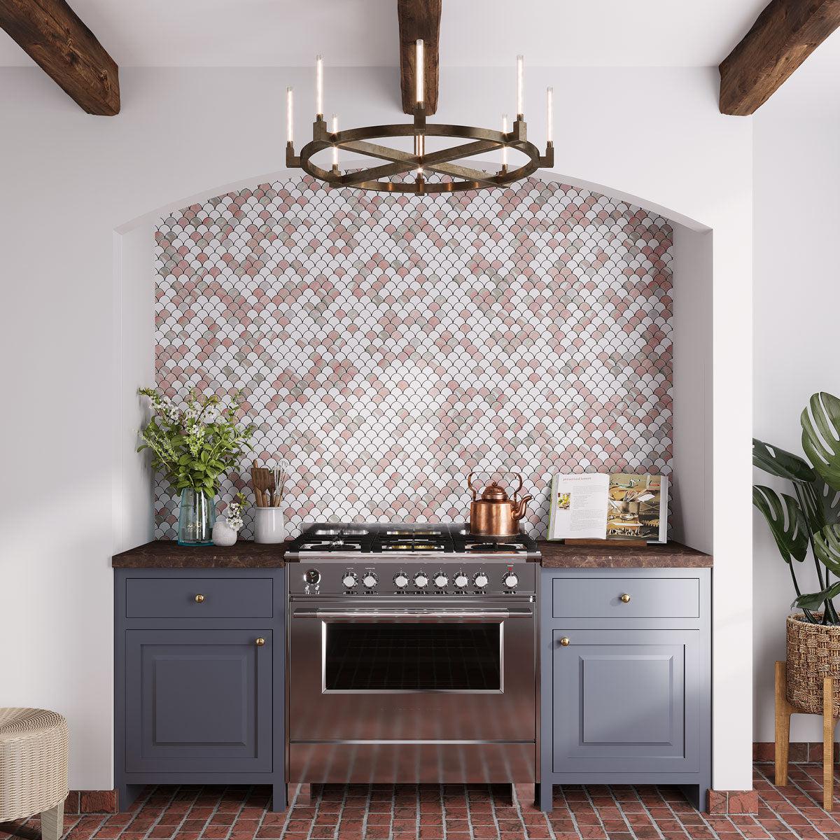 Pink and white marble scale wall tile behind the kitchen stove