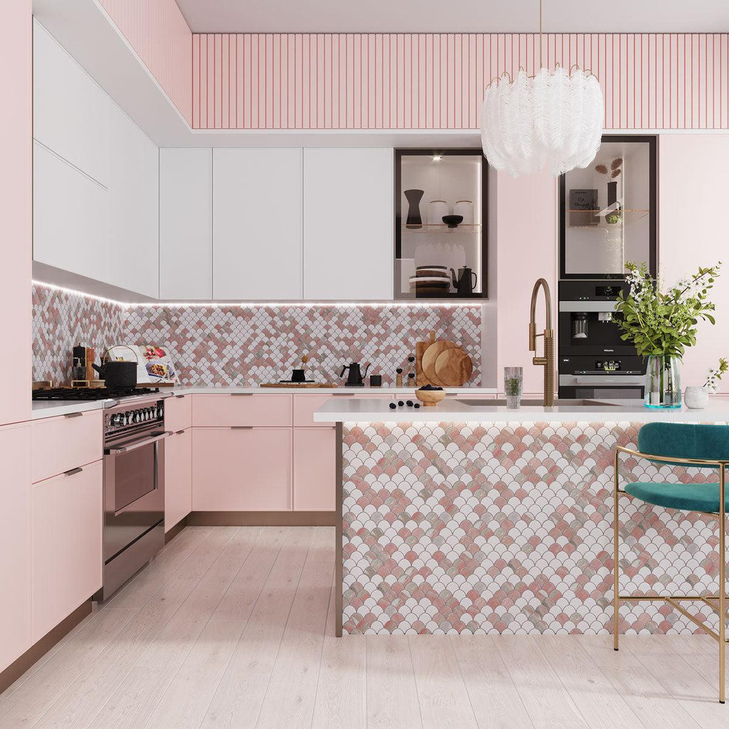 Norwegian Rose and Thassos Mini Scale Marble Mosaic Tile | Tile Club