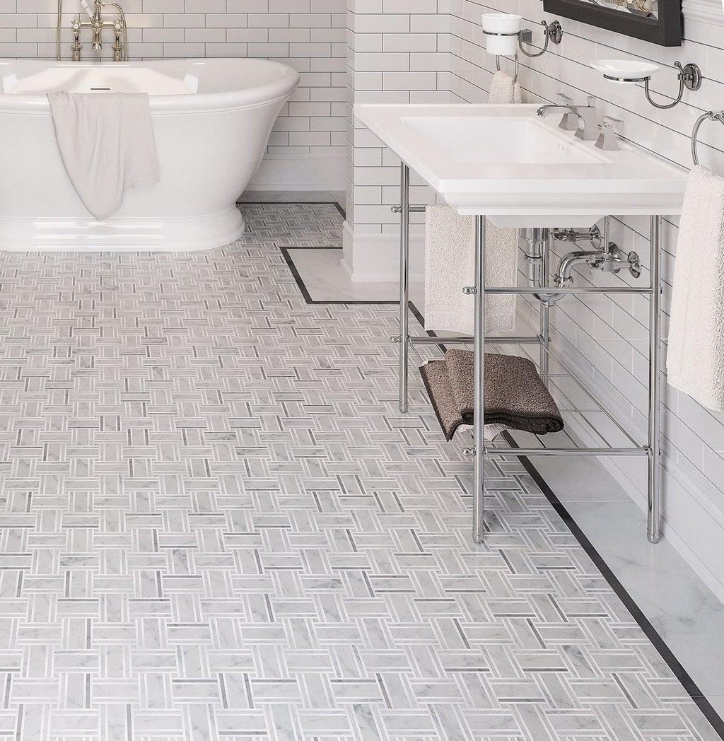 Bright Bathroom with Carrara Marble Mosaic Floor