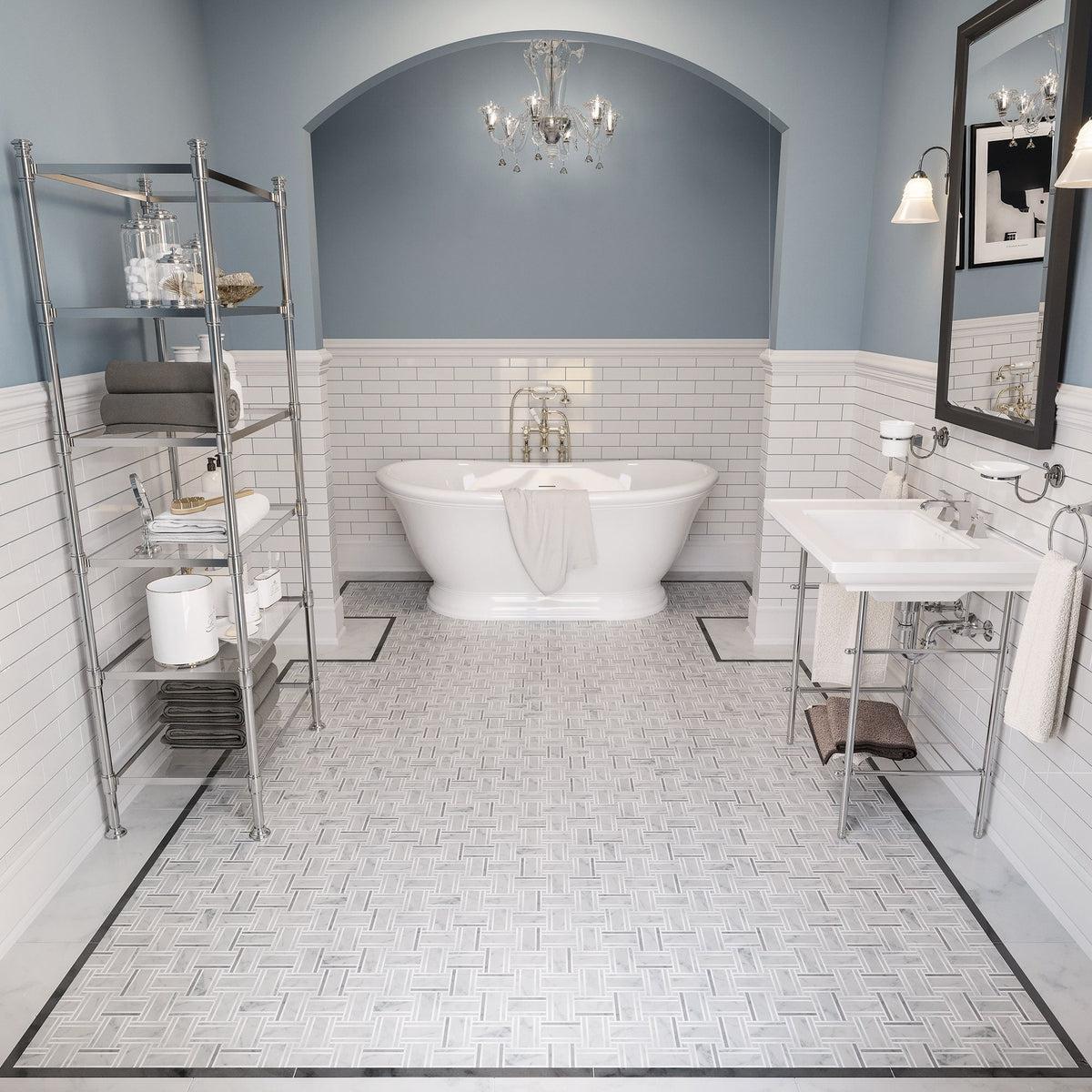 White & Blue Bathroom with Nova Basket Bianco Carrara & Thassos Marble Mosaic Tile Floor
