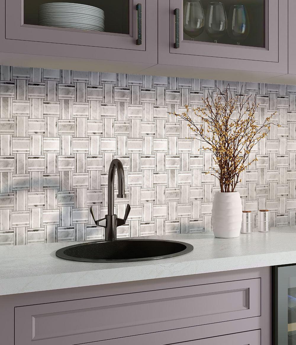 Two tone marble basket pattern tile backsplash for a kitchen pantry prep area