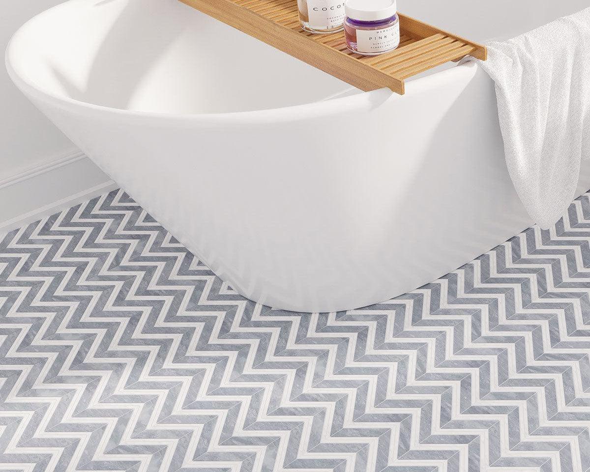 Gray and white marble chevron mosaic bathroom floor