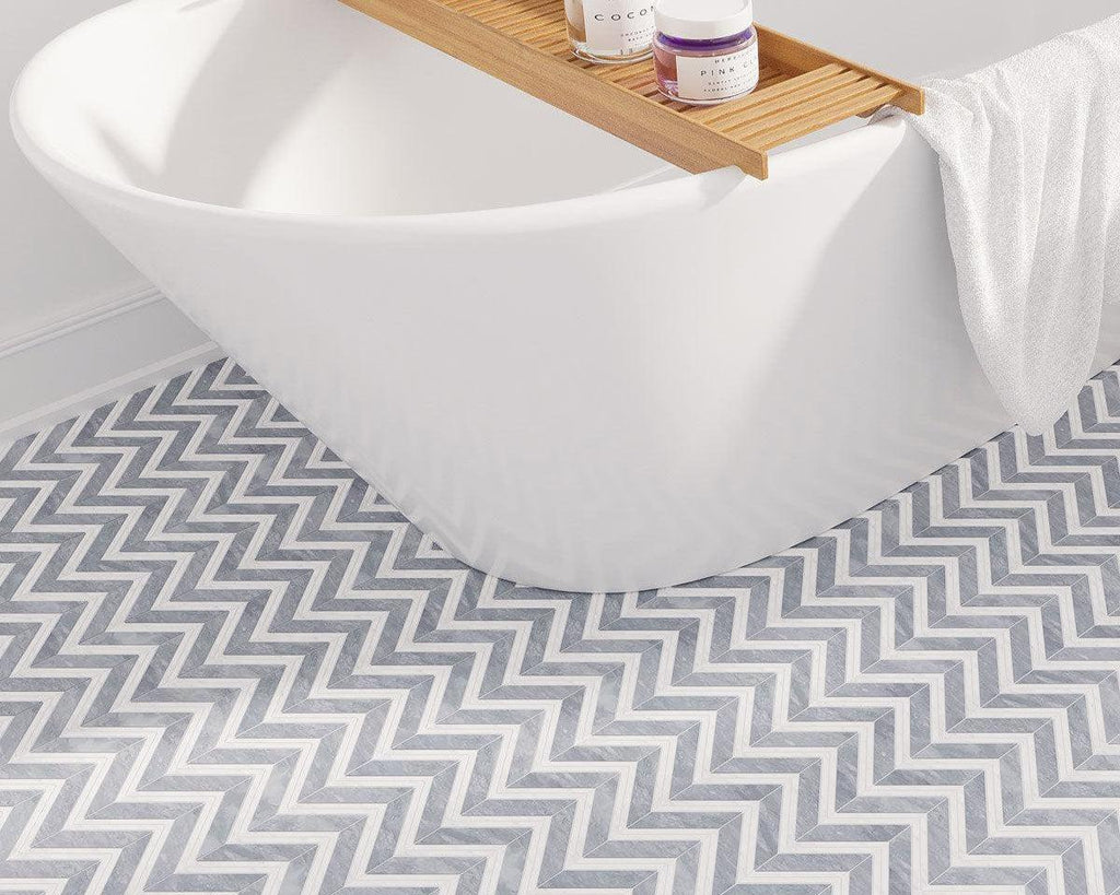 Gray and white marble chevron mosaic bathroom floor