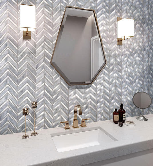 Modern bathroom with Nova Chevron Bardiglio Marble Tile backsplash