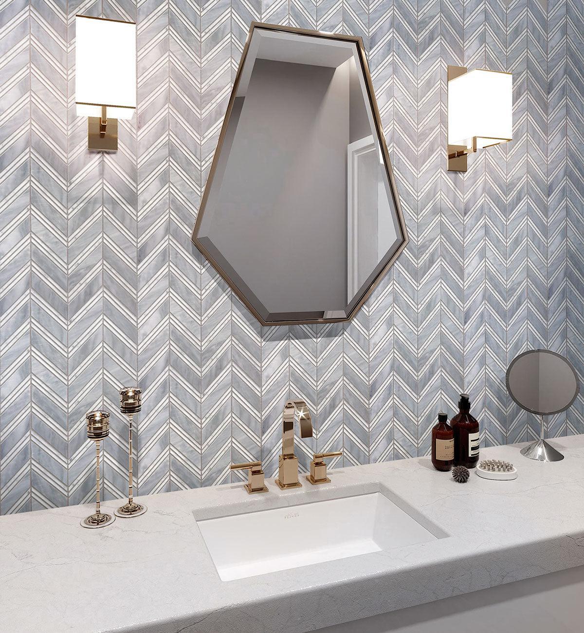 Modern bathroom with Nova Chevron Bardiglio Marble Tile backsplash