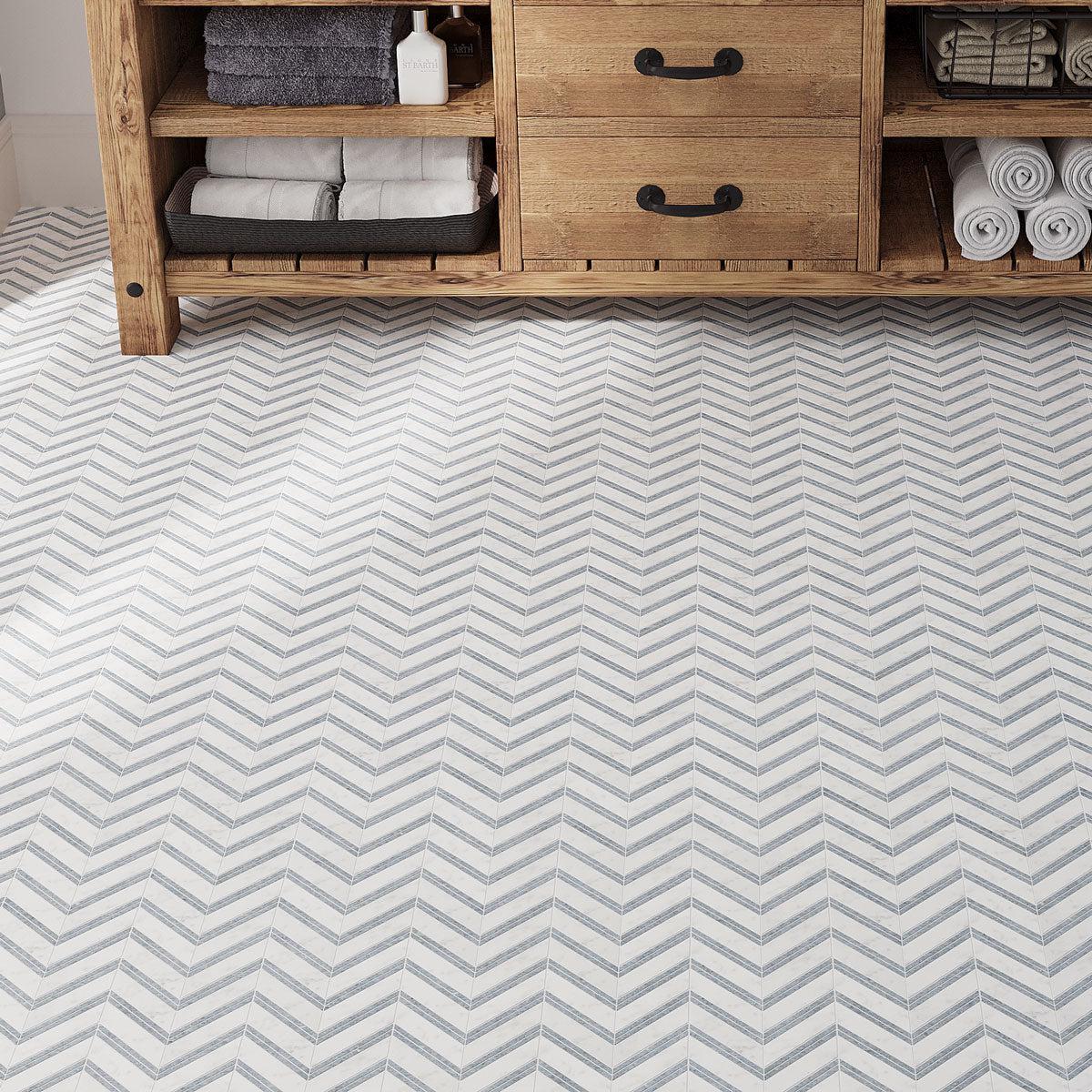 Gray and White marble chevron bathroom floor tile for slip-resistance