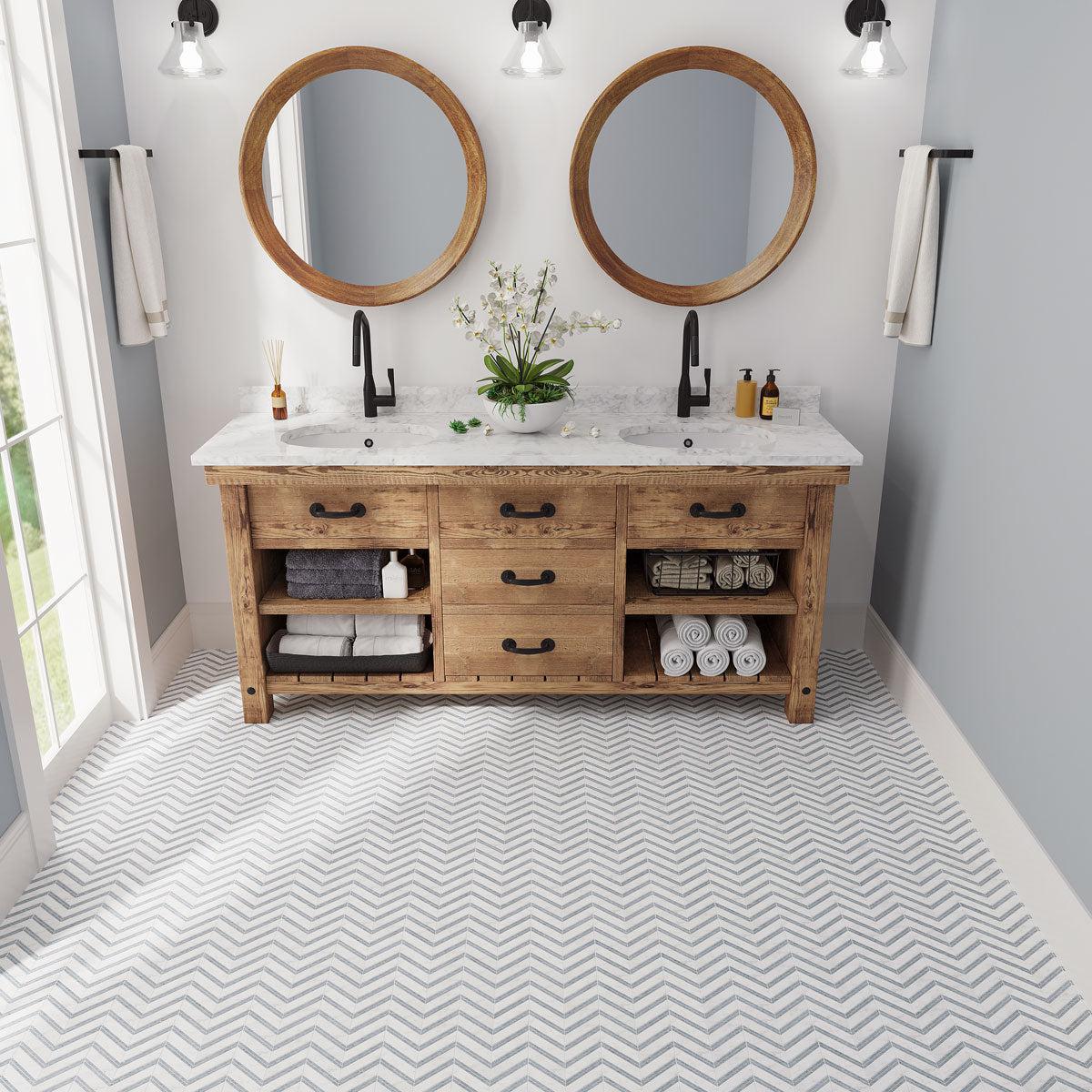Modern organic bathroom design with a chevron patterned bathroom floor