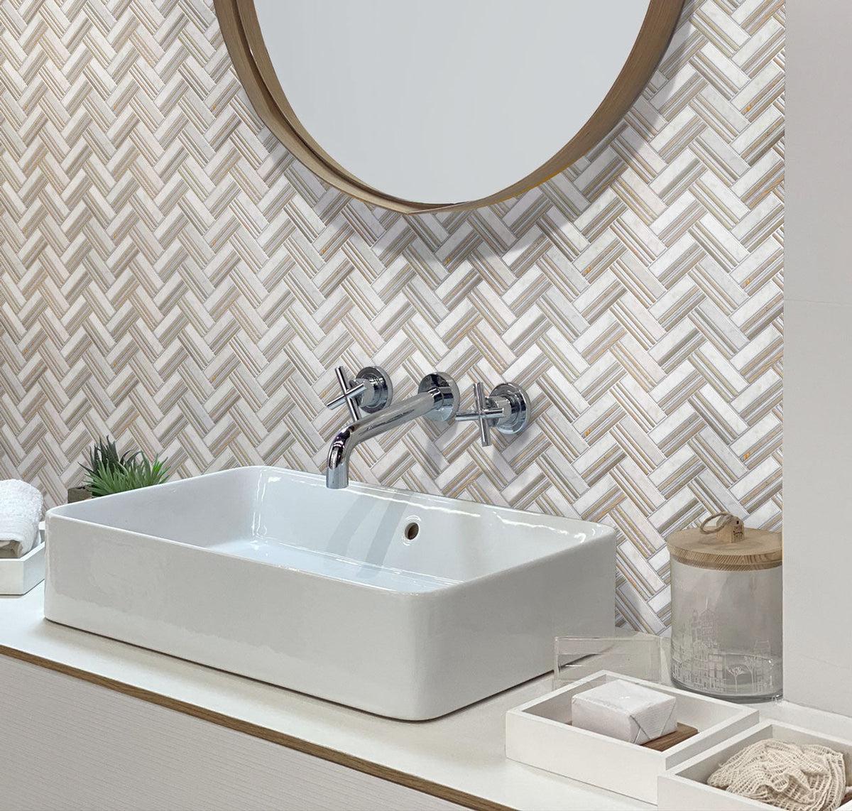 marble herringbone tile bathroom backsplash