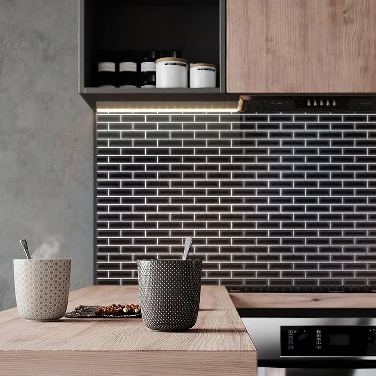 Wood & grey kitchen with Obsidian Black Glass Brick Tile backsplash